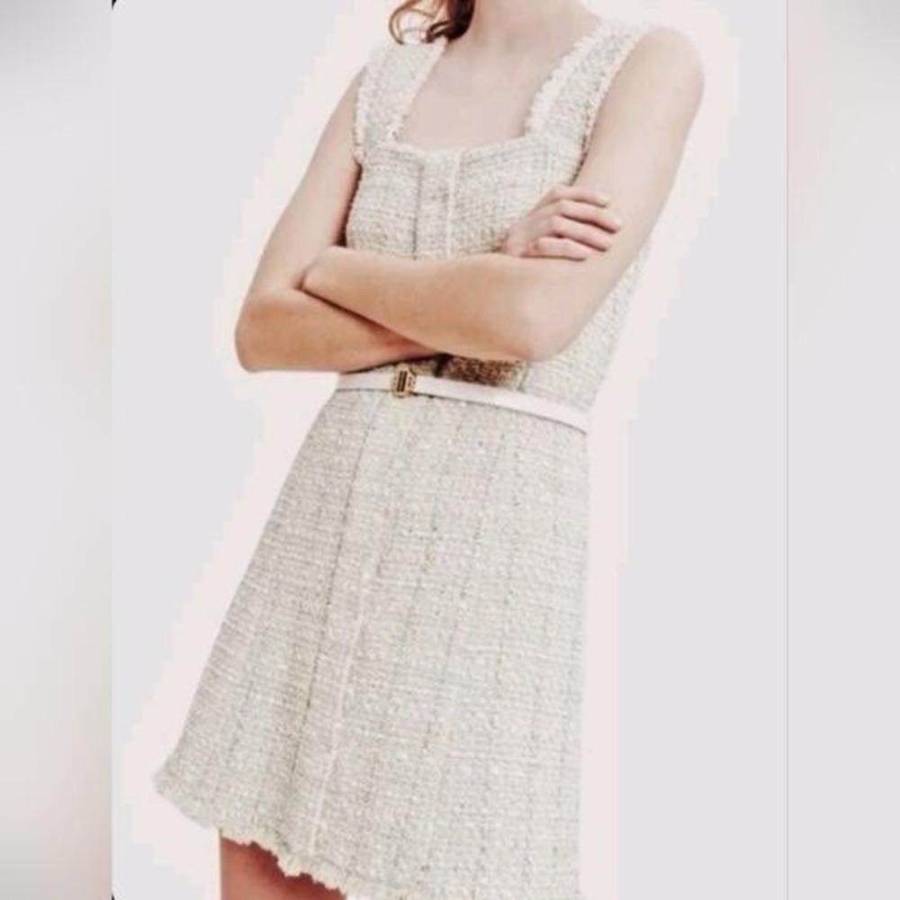 House of Harlow 1960 Tweed Boucle Mini‎ Dress Medium White Square Neck Sheath